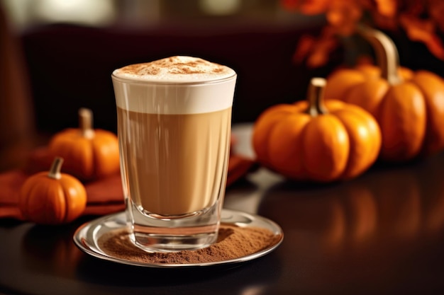 Pumpkin Spice Latte en vaso alto con calabazas de otoño naranja en una mesa de madera Halloween