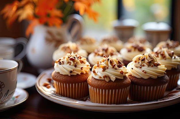 Pumpkine Cupcakes Tablett Herbst und Wärme generativ IA