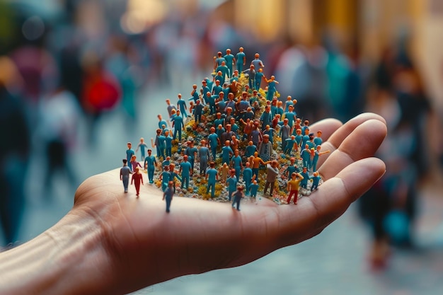 Foto un puñado de personas en miniatura en la palma de una mano