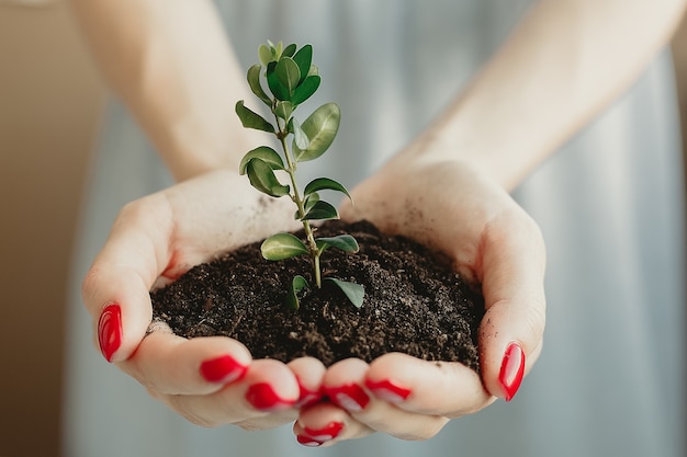 Puñado de suelo con plantas jóvenes en crecimiento