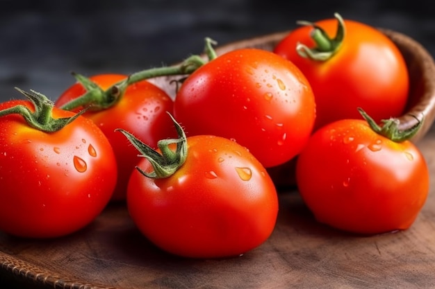 Un puñado de tomates en un plato de madera