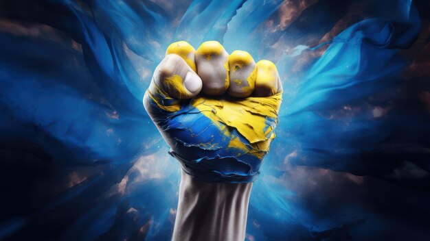 Punho de mão de homem com bandeira de cor amarela e azul para a Ucrânia como fundo, forte símbolo de impacto emocional de liberdade e luta pela liberdade