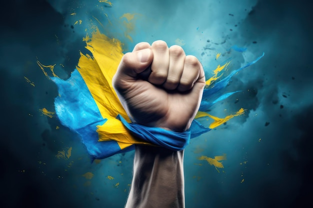 Punho de mão de homem com bandeira de cor amarela e azul para a Ucrânia como fundo, forte símbolo de impacto emocional de liberdade e luta pela liberdade