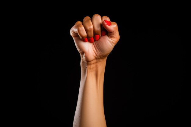 Foto punho levantado de uma mulher pelo dia internacional da mulher e pelo movimento feminista 8 de março pelo feminismo