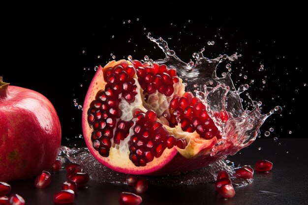 Punica granatum cortada ou romã vermelha contra um fundo salpicado com água