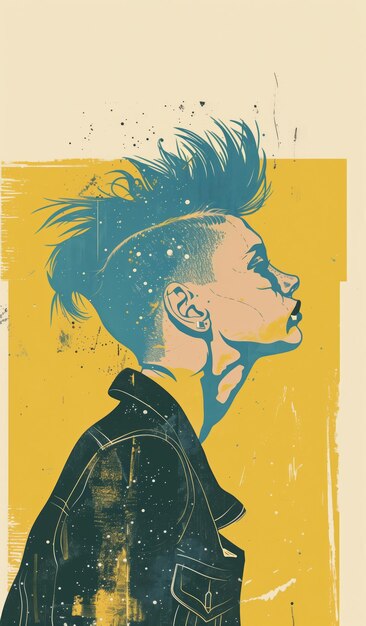 Foto punk-attitüden-profil mit farbenfroher mohawk-illustration