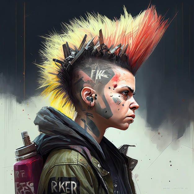 Punk com um moicano multicolorido Música punk rock grunge anarquia liberdade de expressão pessoa inexistente arte de alta resolução generativa inteligência artificial