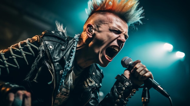 Punk rocker gritando en el micrófono mohawk y la rebelión del escenario de cuero