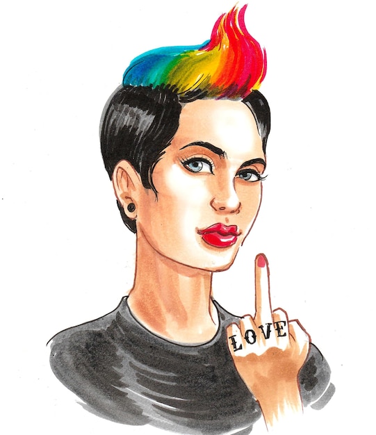 Punkfrau, die Mittelfinger zeigt. Tusche- und Aquarellzeichnung