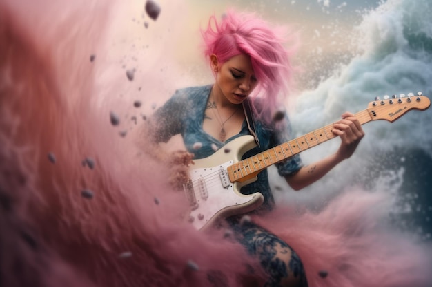 Punkmädchen mit rosa Frisur, das mit leidenschaftlichem Malerisch Gitarre spielt