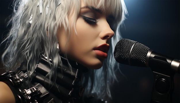 Punkrock ou heavy metal Uma cantora atraente canta com um microfone no estilo Glam rock