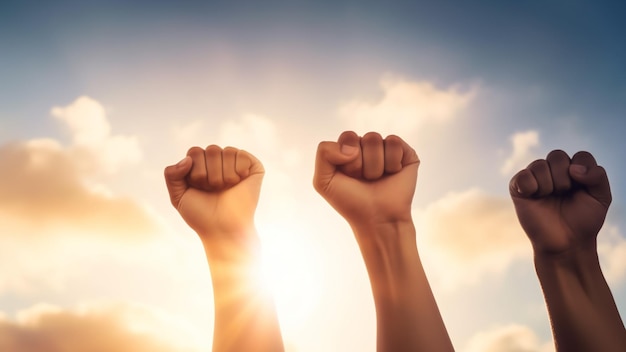 Puño ascendente de personas adultas, hombres y mujeres, cielo azul sobredramático con luz solar