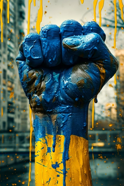 Foto el puño azul y amarillo está pintado en lienzo con la palabra puño escrito en los nudillos