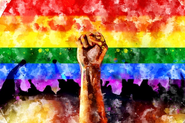 Puño contra el fondo de la bandera LGBT Protesta acuarela ilustración Lucha por la justicia símbolo de libertad Conflicto con disturbios gubernamentales en las calles