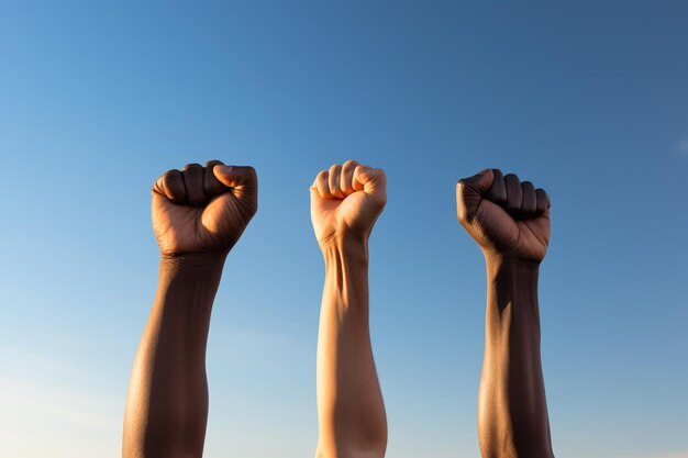 Foto el puño de la gente que se levanta en el fondo del cielo creado con ia generativa