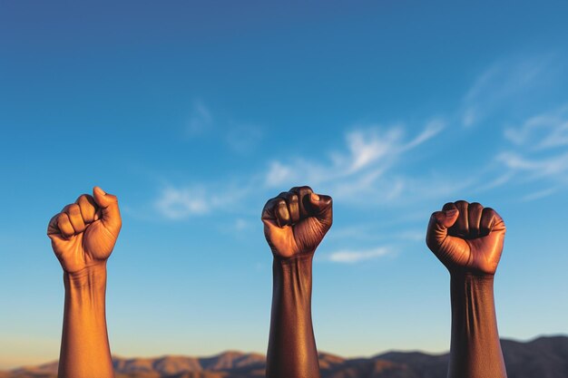 Foto el puño de la gente que se levanta en el fondo del cielo creado con ia generativa