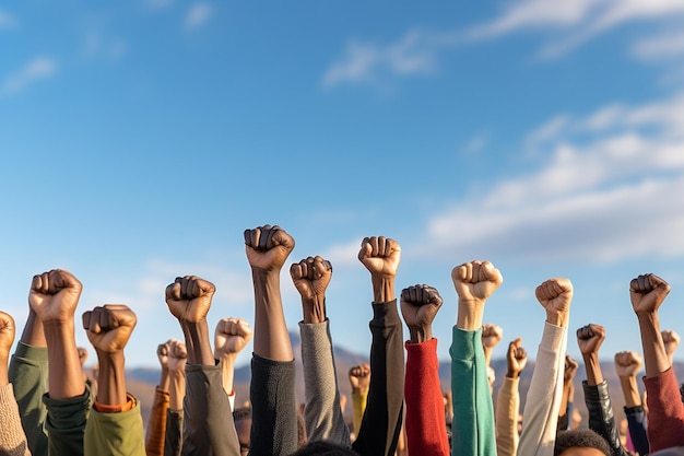 El puño de la gente que se levanta en el fondo del cielo creado con IA generativa