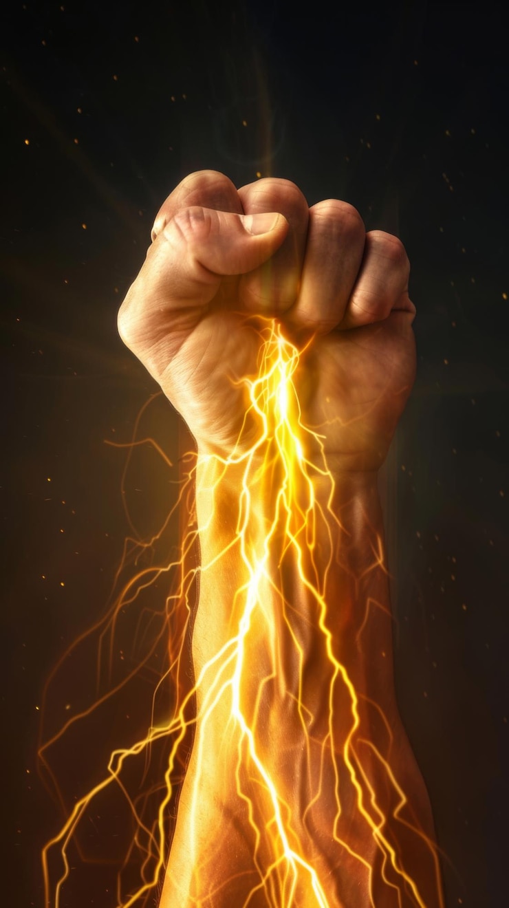 Foto el puño de un hombre cruje con una poderosa energía relámpago.