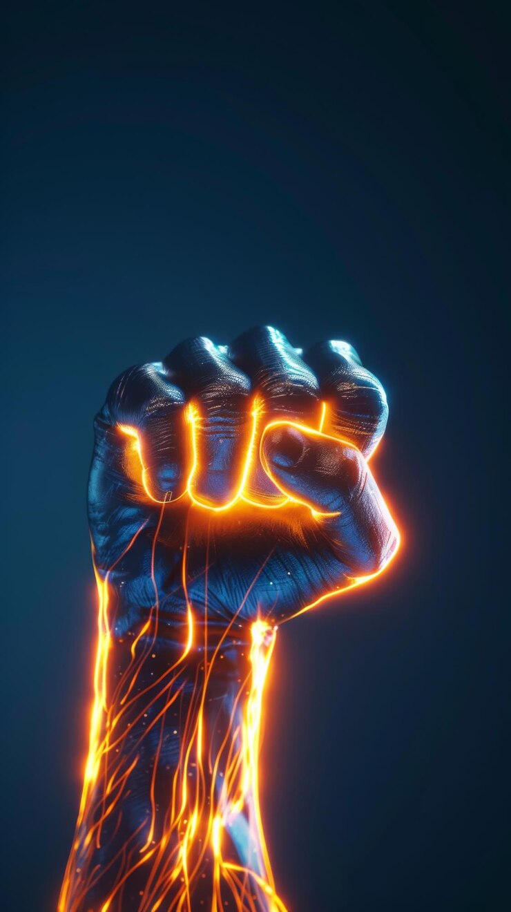 Foto el puño de un hombre emana un resplandor radiante que simboliza la energía y la fuerza