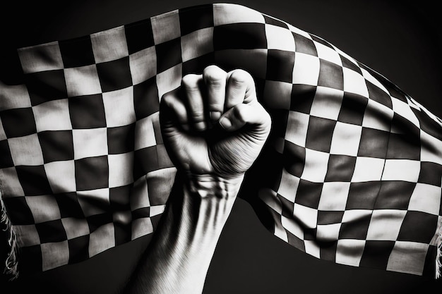 Foto puño levantado contra la bandera a cuadros en blanco y negro para la ia generativa de formula one racing