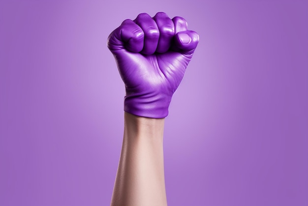 Foto el puño púrpura levantado de una mujer para el día internacional de la mujer y el movimiento feminista 8 de marzo para el feminismo