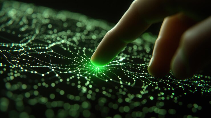 Foto la punta del dedo interactúa con la red digital verde brillante en una superficie oscura