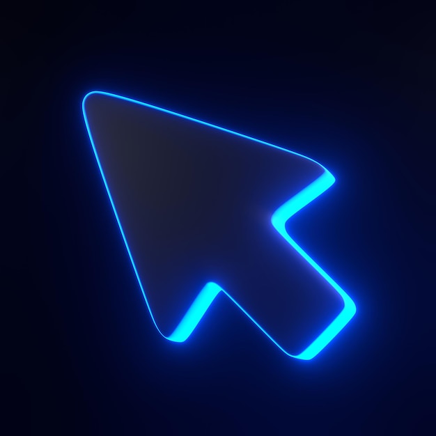 Puntero de clic del ratón de la computadora con luces de neón azul futurista brillantes sobre fondo negro en 3D