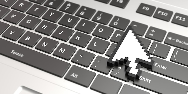 Puntero del cursor del mouse en una ilustración 3d de fondo de teclado de computadora portátil