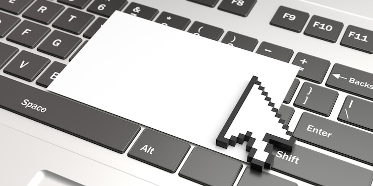 Foto puntero del cursor del mouse en una ilustración 3d de fondo de teclado de computadora portátil