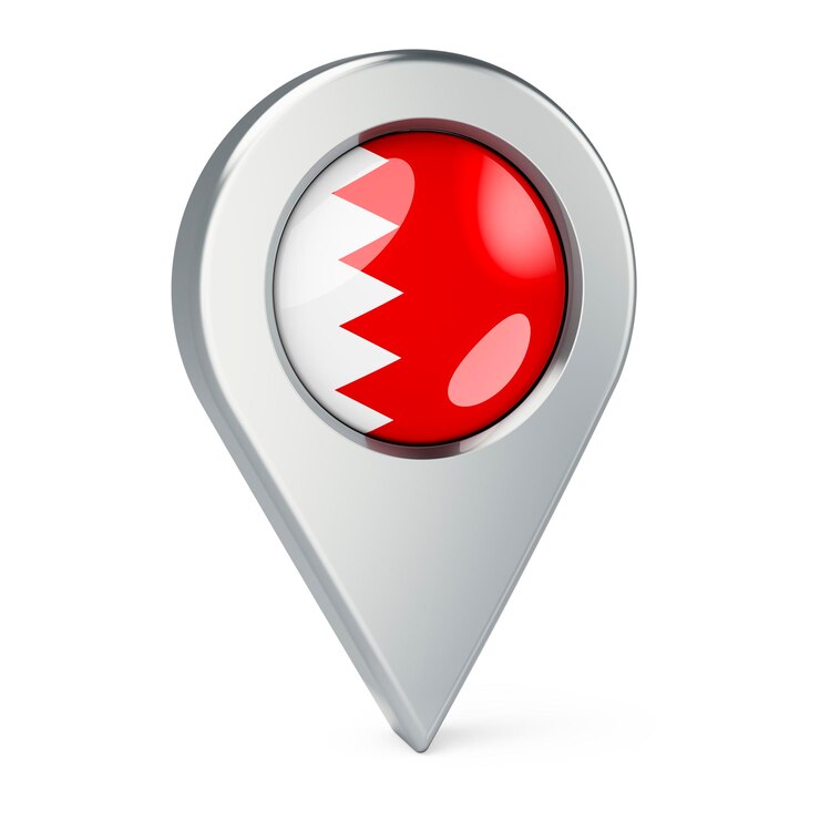 Foto puntero de mapa con la bandera de bahrein renderizado en 3d aislado en fondo blanco