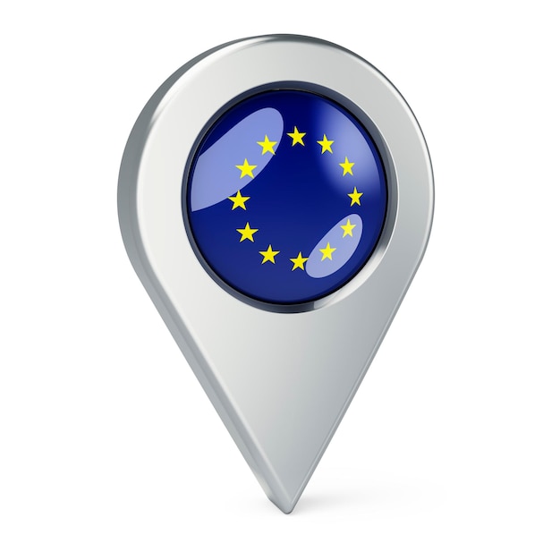 Foto puntero del mapa con la bandera de la representación 3d de la unión europea