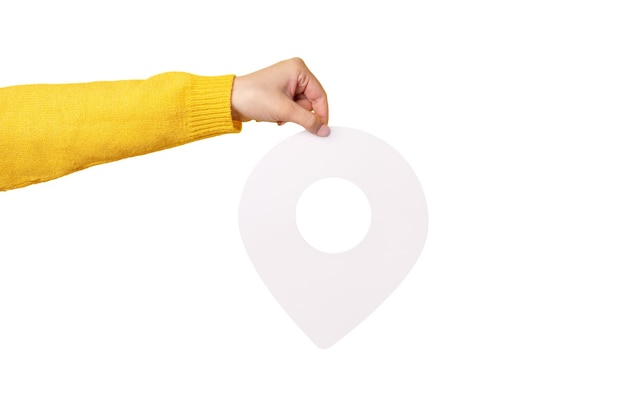 Foto puntero de mapa blanco 3d pin símbolo de ubicación en mano aislado sobre fondo blanco