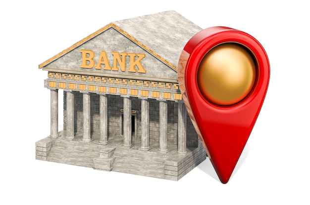 Puntero del mapa con el edificio del banco Representación 3D del concepto de ubicación del banco