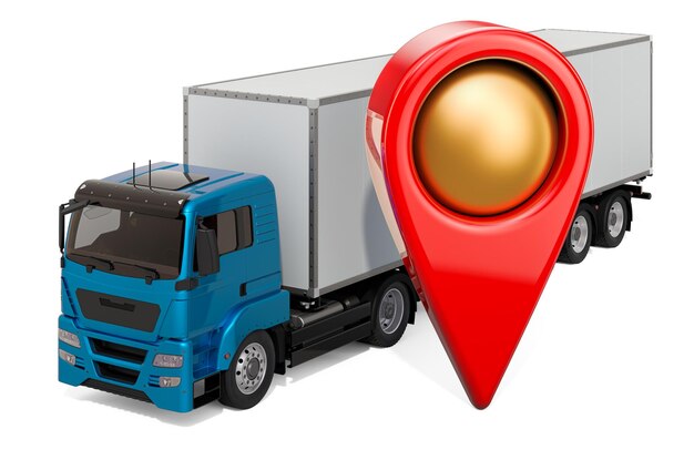 Foto puntero de mapa con renderizado 3d de camión
