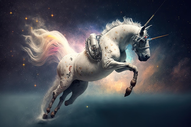 Puntillismo espacio unicornio majestuoso colorido estrellas fantasía mágica IA generativa AIG15