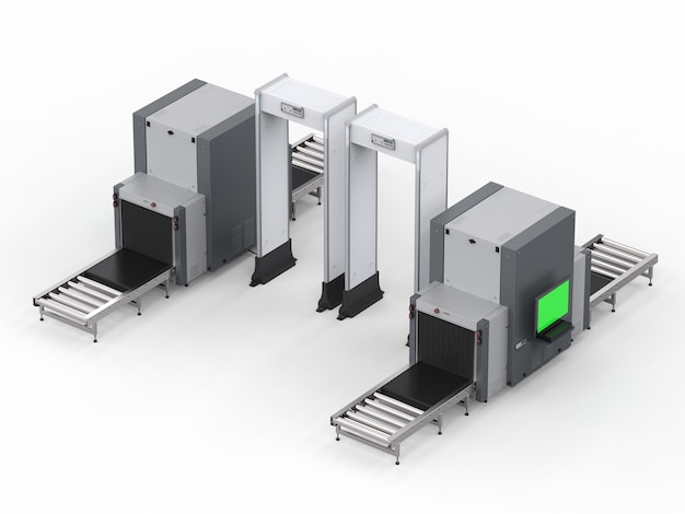 Punto de control de seguridad del aeropuerto con puertas y máquina de escáner