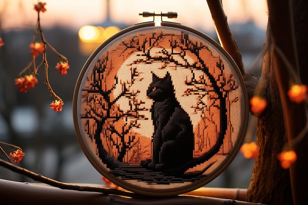 Un punto de cruz de un gato negro sentado en la rama de un árbol frente a una luna llena brillante