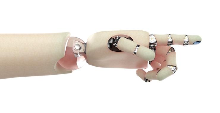 Foto punto de dedo de la mano del robot de representación 3d con piel humana aislado en blanco