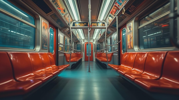 Punto de vista desde dentro de un vagón de metro de color plano con asientos y gran espacio de copia IA generativa