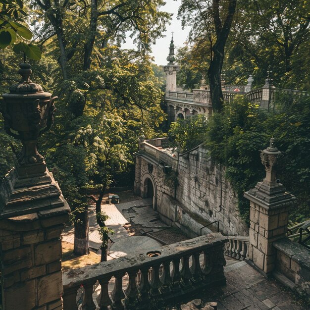 Foto punto de vista de la naturaleza urbana desde el balcón del castillo alto