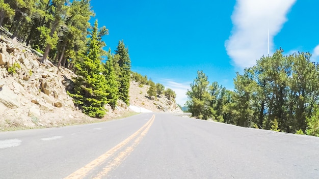 Punto de vista de POV: conducción por la carretera alpina del monte Evans a principios del verano.