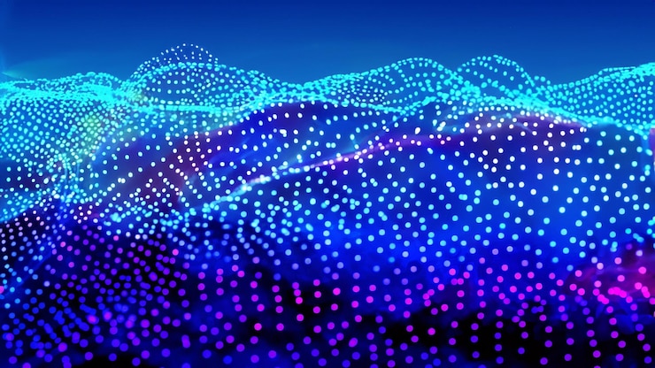 Foto puntos de colores vibrantes en el paisaje de ondas azules oscuras