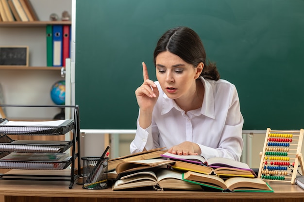 Puntos impresionados en un libro de lectura de maestra joven en la mesa sentado a la mesa con herramientas escolares en el aula