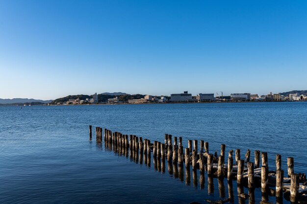 Puntos de madera en el mar contra el cielo azul claro