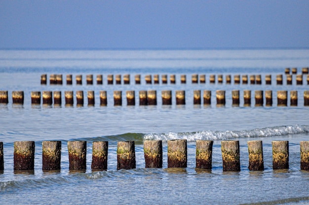 Puntos de madera en el mar contra el cielo