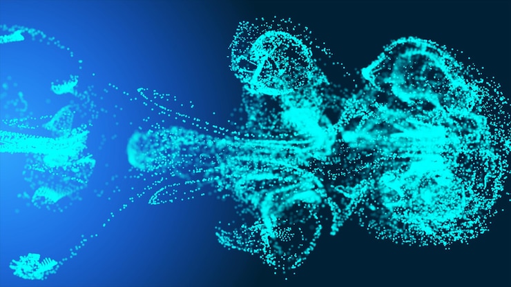 Foto los puntos de partículas de líquido azul claro están fluyendo en el video animado de partículas de fluido de brillo que fluyen
