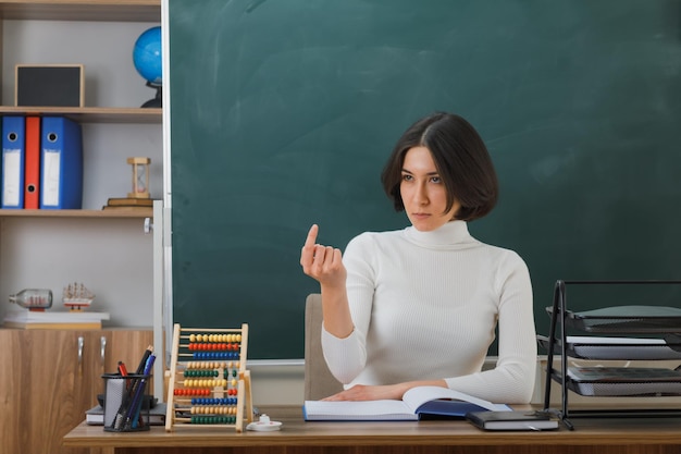 puntos de pensamiento en una joven maestra sentada en el escritorio con herramientas escolares en el aula