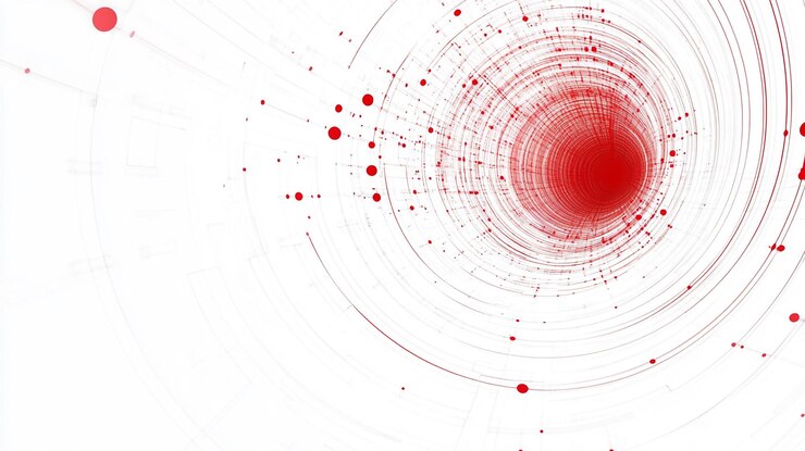 Los puntos rojos giratorios sobre un fondo blanco simbolizan el movimiento dinámico y la energía