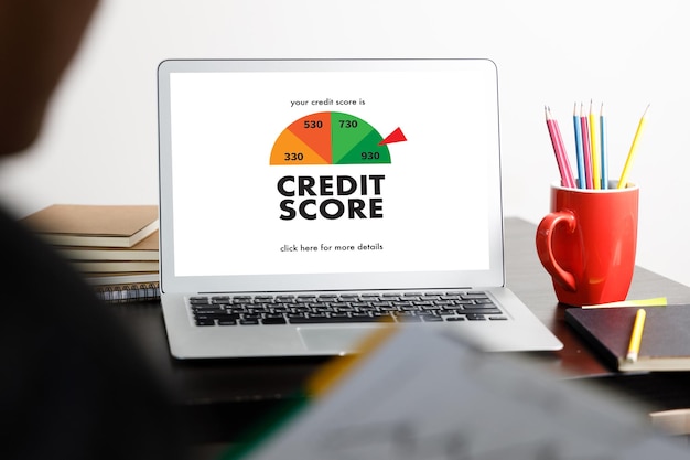 PUNTUACIÓN DE CRÉDITO (Empresario que verifica la puntuación de crédito en línea y calificación de pago financiero Presupuesto Dinero)