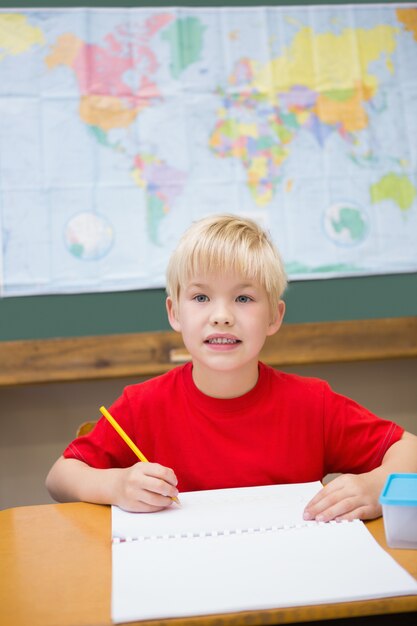 Foto pupila linda sonriendo a la cámara en el aula en su escritorio